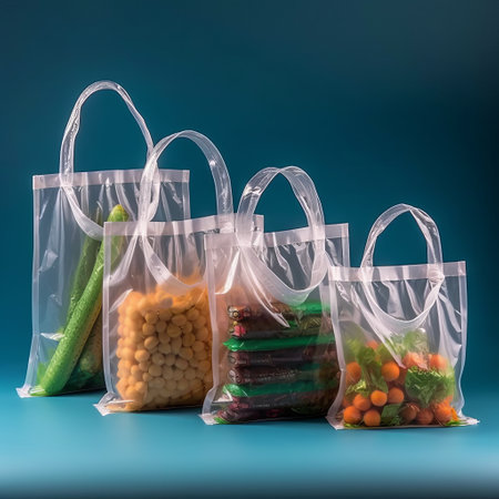 Eco bags for storing vegetables and fruits with herbs. Reusable packages. Recyclable refrigerator packaging. Generative AIの素材