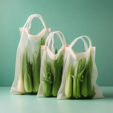 Eco bags for storing vegetables and fruits with herbs. Reusable packages. Recyclable refrigerator packaging. Generative AIの素材