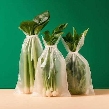 Eco bags for storing vegetables and fruits with herbs. Reusable packages. Recyclable refrigerator packaging. Generative AIの素材