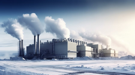 geothermal power plants, electricity generation. Illustration of an industrial building. Generative AIの素材