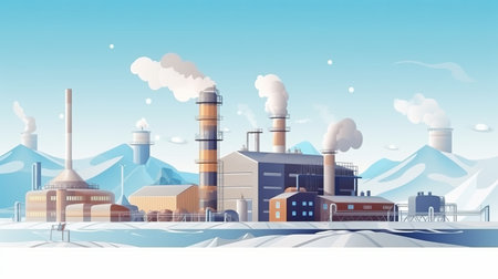 geothermal power plants, electricity generation. Illustration of an industrial building. Generative AIの素材