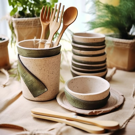 multi-colored earthenware, decorative plate set for food. Eco-friendly tableware. Generative AIの素材