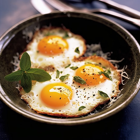 Fried eggs with spinach greens in a pan, protein food, low calorie breakfast. Generative AIの素材