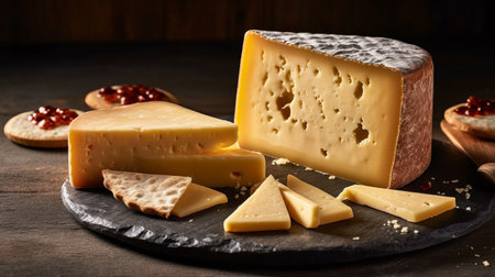 Hard cheese on a wooden board cut into bars. Fermented milk product, Production of cheese with nuts or lavender. Generative AIの素材