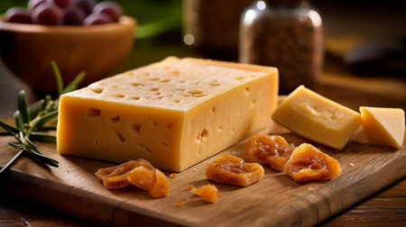 Hard cheese on a wooden board cut into bars. Fermented milk product, Production of cheese with nuts or lavender. Generative AIの素材