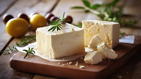 Hard cheese on a wooden board cut into bars. Fermented milk product, Production of cheese with nuts or lavender. Generative AIの素材