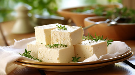 Hard cheese on a wooden board cut into bars. Fermented milk product, Production of cheese with nuts or lavender. Generative AIの素材
