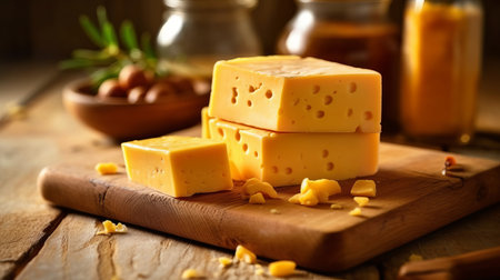 Hard cheese on a wooden board cut into bars. Fermented milk product, Production of cheese with nuts or lavender. Generative AIの素材
