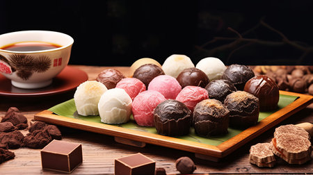 Assorted chocolates with filling. Multicolored icing for decoration. Sugar sweet dessert of various flavors. Place for text, product card. Generative AIの素材