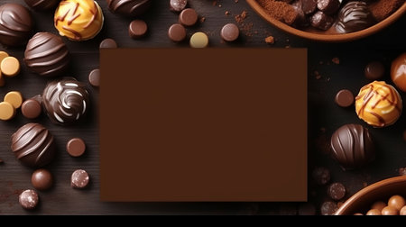 Assorted chocolates with filling. Multicolored icing for decoration. Sugar sweet dessert of various flavors. Place for text, product card. Generative AIの素材