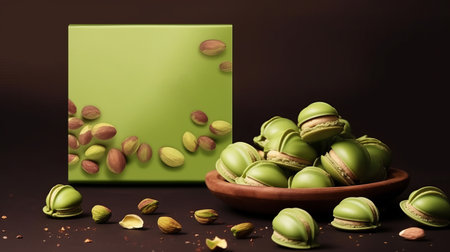 candies with pistachio flavor. Multicolored green icing for decoration. Sugar sweet dessert. Place for text, product promotional card. Generative AIの素材