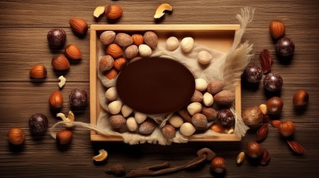 sweets with almond flavor. chocolate icing for decoration. Sugar sweet dessert. Place for text, product promotional card. Generative AIの素材