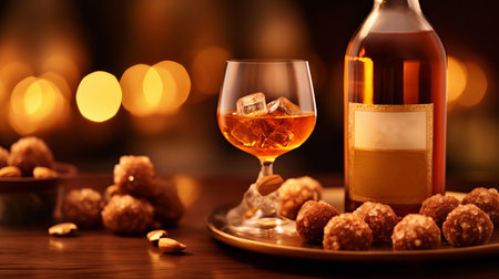 sweets with liquor and alcohol in the filling. chocolate icing for decoration. Sugar sweet dessert. Place for text, product promotional card. Generative AIの素材