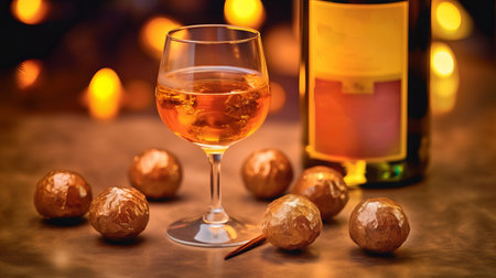 sweets with liquor and alcohol in the filling. chocolate icing for decoration. Sugar sweet dessert. Place for text, product promotional card. Generative AIの素材