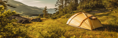 Tourist tent in a picturesque place during hiking. Beautiful nature for picnic and camping in nature. Leisure excursions by tourists in the fresh air. Generative AIの素材