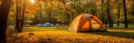 Tourist tent in a picturesque place during hiking. Beautiful nature for picnic and camping in nature. Leisure excursions by tourists in the fresh air. Generative AIの素材