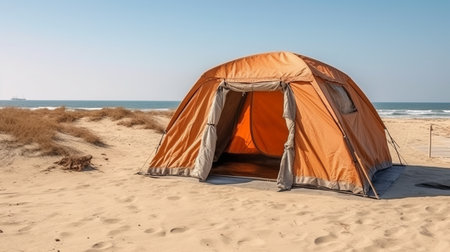 Tourist tent in a picturesque place during hiking. Beautiful nature for picnic and camping in nature. Leisure excursions by tourists in the fresh air. Generative AIの素材