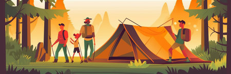 Tourist tent in a picturesque place during hiking. Beautiful nature for picnic and camping in nature. Leisure excursions by tourists in the fresh air. Generative AIの素材