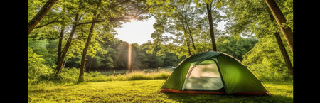 Tourist tent in a picturesque place during hiking. Beautiful nature for picnic and camping in nature. Leisure excursions by tourists in the fresh air. Generative AIの素材