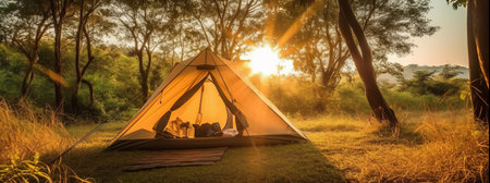 Tourist tent in a picturesque place during hiking. Beautiful nature for picnic and camping in nature. Leisure excursions by tourists in the fresh air. Generative AIの素材