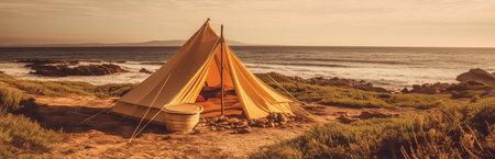 Tourist tent in a picturesque place during hiking. Beautiful nature for picnic and camping in nature. Leisure excursions by tourists in the fresh air. Generative AIの素材