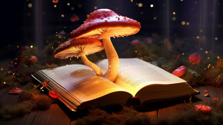 Paper book with 3D fantasy projection with flying butterflies and birds. Printed pages of a creative edition for the library. Creativity inside books. Generative AIの素材