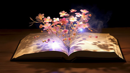 Paper book with 3D fantasy projection with flying butterflies and birds. Printed pages of a creative edition for the library. Creativity inside books. Generative AIの素材