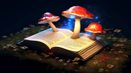 Paper book with 3D fantasy projection with flying butterflies and birds. Printed pages of a creative edition for the library. Creativity inside books. Generative AIの素材