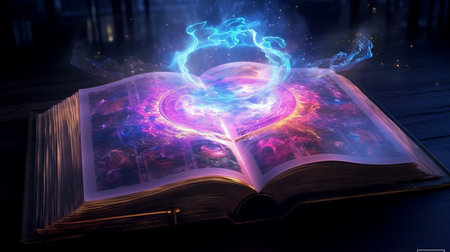 Paper book with 3D fantasy projection with flying butterflies and birds. Printed pages of a creative edition for the library. Creativity inside books. Generative AIの素材