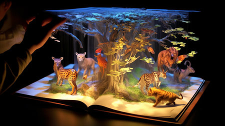 Paper book with 3D fantasy projection with flying butterflies and birds. Printed pages of a creative edition for the library. Creativity inside books. Generative AIの素材