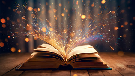 Paper book with 3D fantasy projection with flying butterflies and birds. Printed pages of a creative edition for the library. Creativity inside books. Generative AIの素材