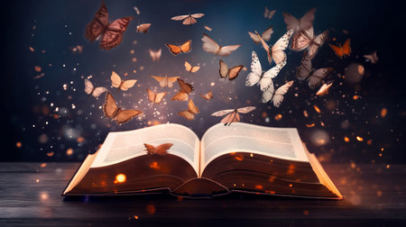 Paper book with 3D fantasy projection with flying butterflies and birds. Printed pages of a creative edition for the library. Creativity inside books. Generative AIの素材