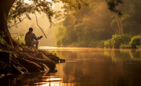 A man fishes in an open river, a hobby of catching fish. forest landscape. travel banner. Place for text. Generative AIの素材