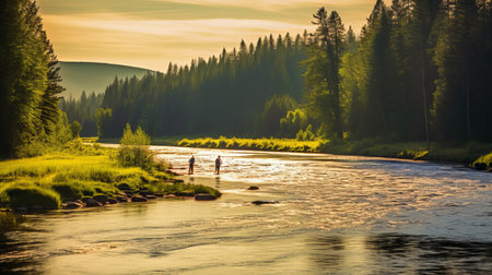 A man fishes in an open river, a hobby of catching fish. forest landscape. travel banner. Place for text. Generative AIの素材