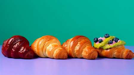 Crispy fresh croissant on a neon background decorated with berries and fruits. Golden crust for breakfast. Dessert recipe. copyspace. Generative AIの素材
