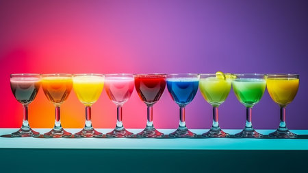 Cocktail from the bar. Different tastes of alcoholic drinks and beautiful glasses. Decorated berry lemonades. Banner for poster, Copy space. Generative AIの素材