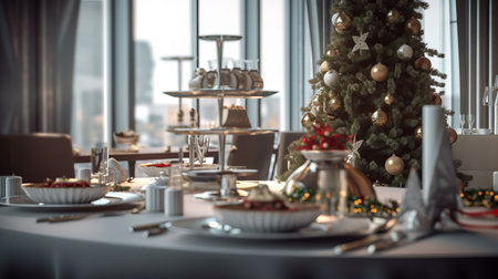 Christmas decor and serving dishes on a dining table full of dishes with food and snacks, New Year's decor with a Christmas tree in the background. Generative AIの素材