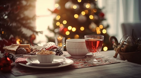 Christmas decor and serving dishes on a dining table full of dishes with food and snacks, New Year's decor with a Christmas tree in the background. Generative AIの素材