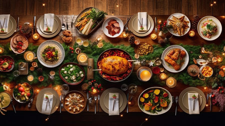 Christmas Dinner table full of dishes with food and snacks, New Year's decor with a Christmas tree on the background. Generative AIの素材