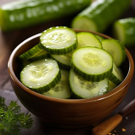 Fresh cucumbers on the counter display. Product for salads, low-calorie tasty vegetable for a healthy snack. Generative AIの素材