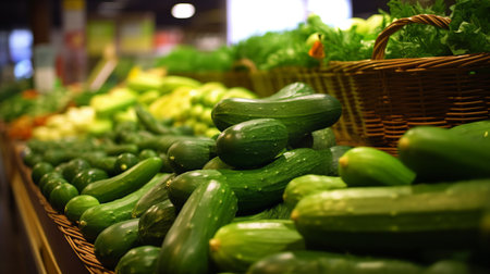Fresh cucumbers on the counter display. Product for salads, low-calorie tasty vegetable for a healthy snack. Generative AIの素材