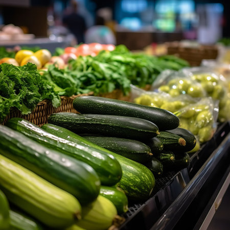 Fresh cucumbers on the counter display. Product for salads, low-calorie tasty vegetable for a healthy snack. Generative AIの素材