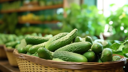 Fresh cucumbers on the counter display. Product for salads, low-calorie tasty vegetable for a healthy snack. Generative AIの素材