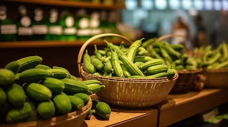 Fresh cucumbers on the counter display. Product for salads, low-calorie tasty vegetable for a healthy snack. Generative AIの素材