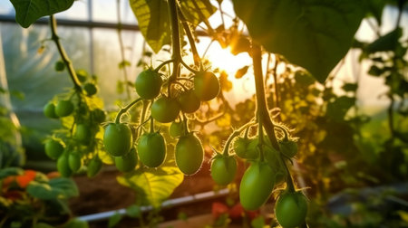 Cucumber seedlings in a greenhouse. production of Salad Products, a low-calorie tasty vegetable for a healthy snack. Generative AIの素材
