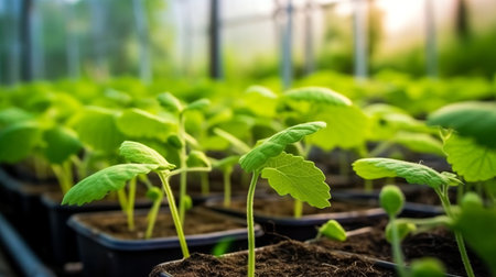 Cucumber seedlings in a greenhouse. production of Salad Products, a low-calorie tasty vegetable for a healthy snack. Generative AIの素材