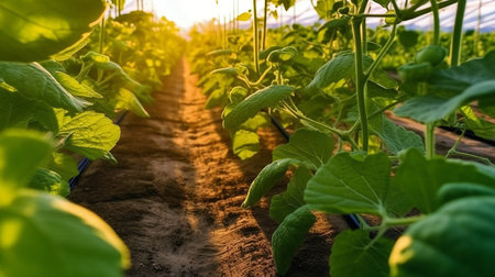 Cucumber seedlings in a greenhouse. production of Salad Products, a low-calorie tasty vegetable for a healthy snack. Generative AIの素材