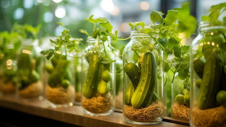 Cucumber seedlings in a greenhouse. production of Salad Products, a low-calorie tasty vegetable for a healthy snack. Generative AIの素材
