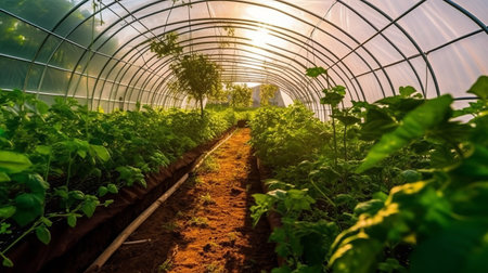 Cucumber seedlings in a greenhouse. production of Salad Products, a low-calorie tasty vegetable for a healthy snack. Generative AIの素材