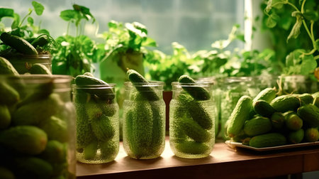 Cucumber seedlings in a greenhouse. production of Salad Products, a low-calorie tasty vegetable for a healthy snack. Generative AIの素材